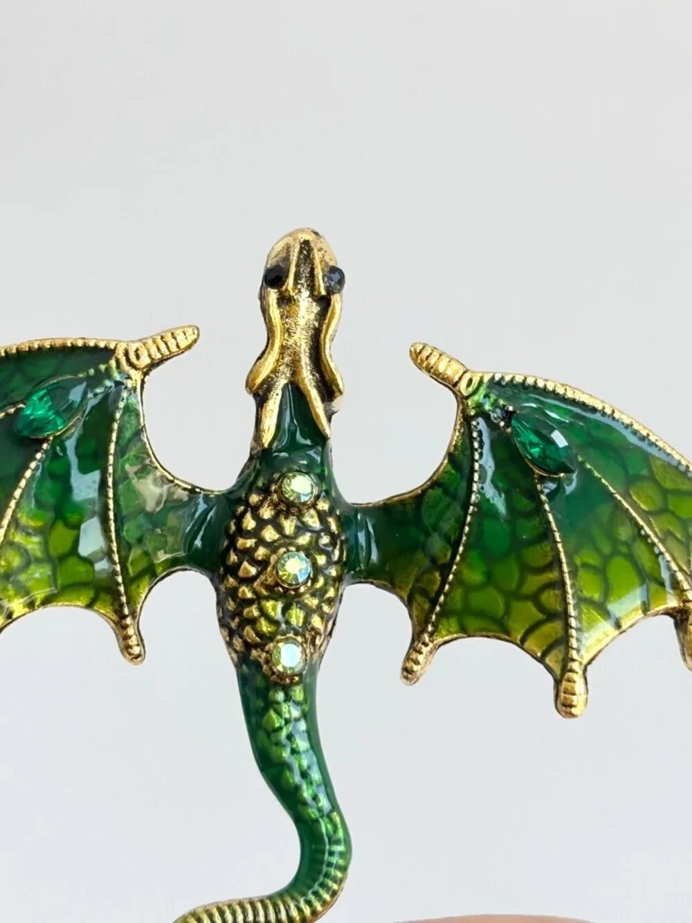 Dragon Figural Green Enameled Rhinestone Accented Gold Toned Brooch Pin